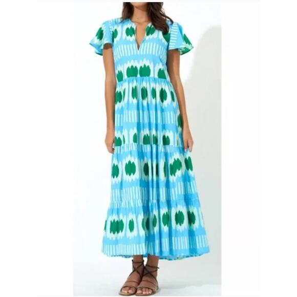 Oliphant Dress Small Tiered Hem Maxi Flutter Sleeve Ikat Blue Boho Elegant Chic - Picture 1 of 12